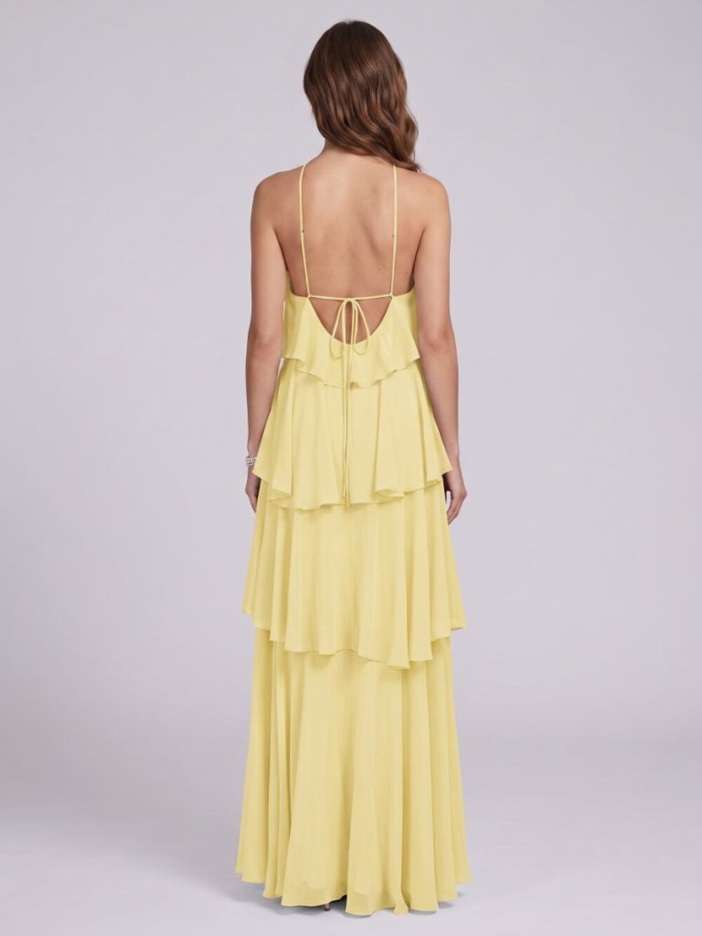 Women's Yellow Halter Tiered Chiffon Maxi Dress Wedding Guest Formal Party Gown - Picture 3 of 4